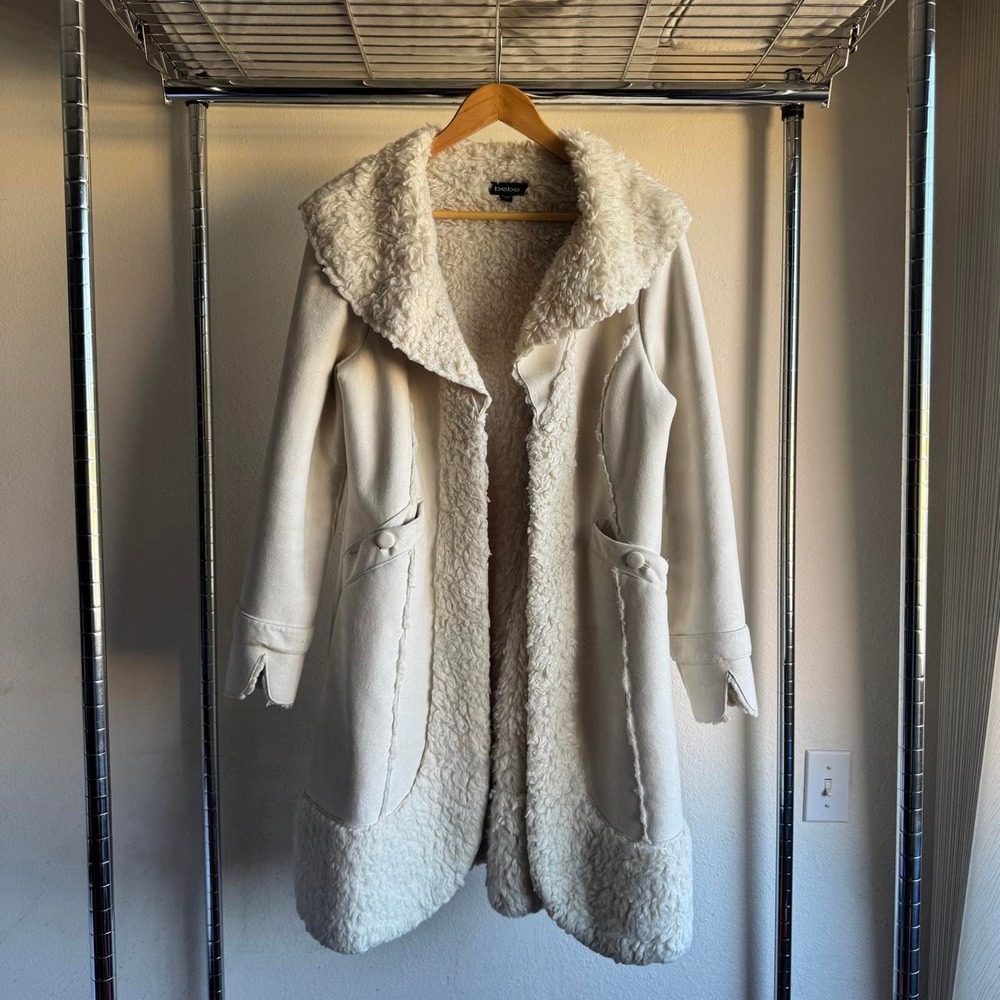 Bebe Cream Faux Shearling Penny Lane Afghan Coat Y2K Boho Corset Back Large